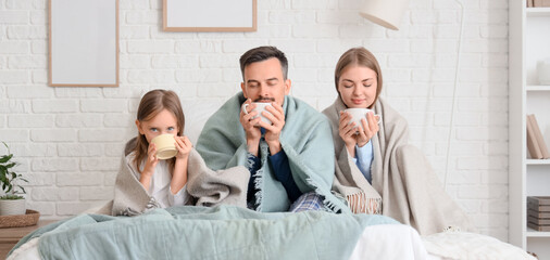 Cute little girl and her parents with warm plaids drinking hot tea in bedroom