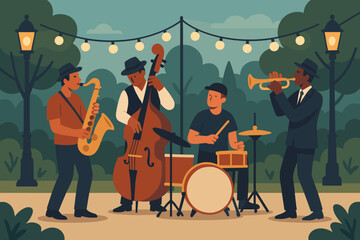 Fototapeta premium Jazz band performing outdoors in flat vector illustration