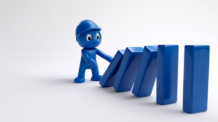 Blue cartoon character pushing the first domino. Concept of chain reaction and consequences