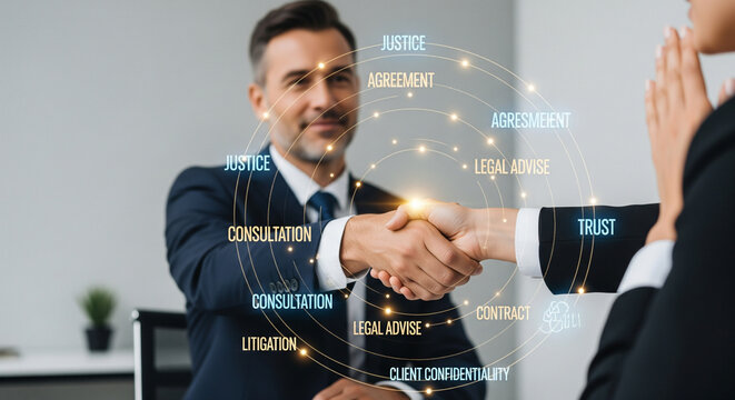 Successful Legal Deal: Professionals Shaking Hands with Conceptual Overlay
A close-up, dynamic photograph capturing a professional handshake between a middle-aged male lawyer (seated and smiling) - Powered by Adobe