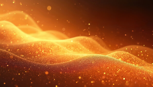 Abstract flowing waves of warm orange and gold glitter sparkle in soft light. Smooth, fluid texture with a grainy, noisy surface and floating bokeh circles. Warm, vibrant background. - Powered by Adobe