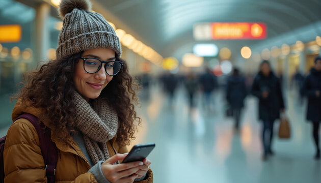Woman in winter clothes looks at phone at airport terminal. Smiling lady in glasses wearing hat scarf jacket backpack checks device in waiting area. Travel tech lifestyle concept.