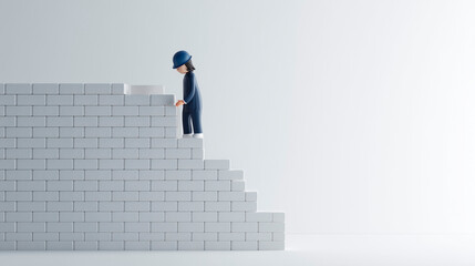 Blue cartoon character building a brick wall, long-term planning and foundation concept