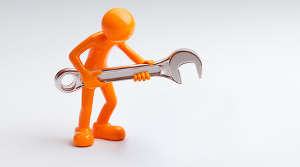 Orange cartoon character with a wrench, concept of maintenance and precision adjustment