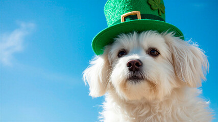 st patricks day dog in festive green hat on holiday background. Irlend and Irish traditional holiday. Horizontal banner, poster with copy space, free space for t