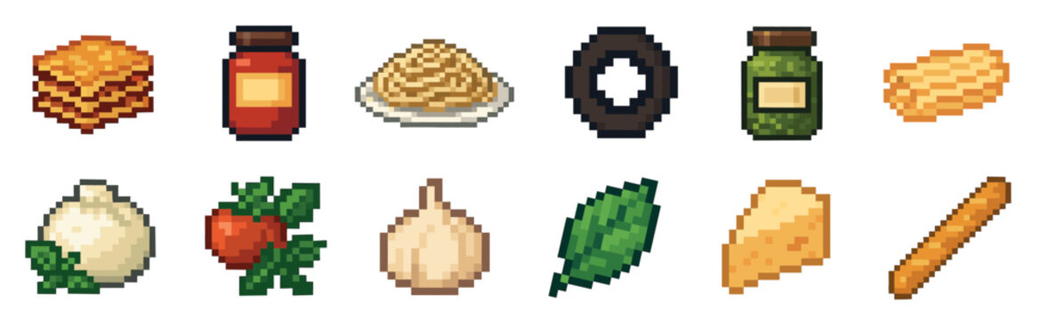 Vibrant collection of pixel art food ingredients and dishes, including pancakes, jars, pasta, vegetables, cheese, and bread, rendered in a charming retro video game style
