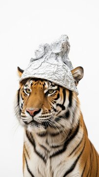 tiger wearing a tinfoil hat, paranoid, paranoia, on a white background, animal photo