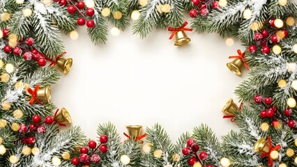 Holiday banner frame made of snow-covered fir branches, red berries, golden bells, soft bokeh lights, wide horizontal layout with space in the middle, crisp detail