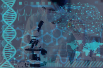 Female scientist with ampoule and microscope in laboratory, closeup