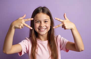 Young girl smiles making peace sign with fingers framing her face. Her expression is happy and positive on a plain purple background, wearing a pink t-shirt, looking at camera.