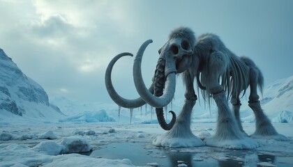 Giant mammoth skeleton stands in melting arctic ice. Frozen landscape ancient creature bones, huge tusks. Scene global warming impact, climate change effect, prehistoric discovery of extinct animal