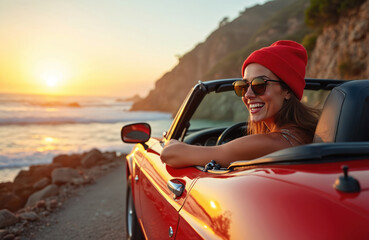 Happy woman drives red cabriolet on coastal road during sunset. Driver wears sunglasses red hat smiles enjoys vacation road trip. Ocean sea view adventure travel.