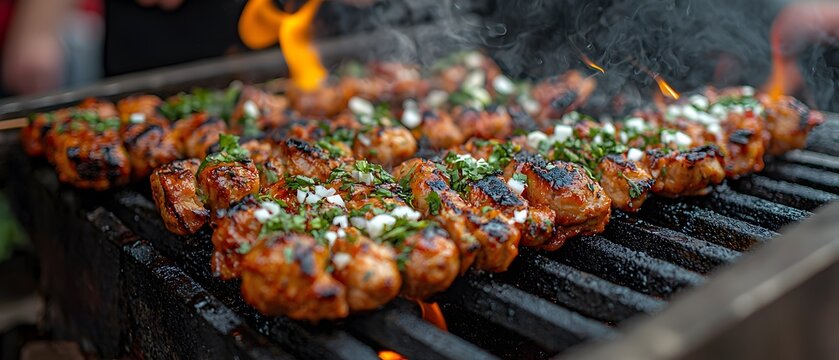 Succulent grilled chicken with herbs and spices sizzling on a barbecue. The flames create an appetizing atmosphere perfect for summer gatherings and outdoor feasts.