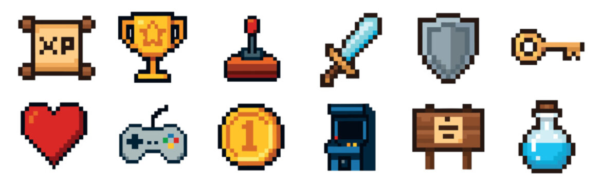 Colorful collection of pixel art video game icons featuring a sword, shield, heart, coin, key, and potion for a retro 8-bit gaming theme
