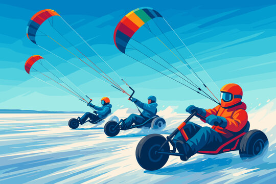 Winter snowkiting race with three riders on land kites