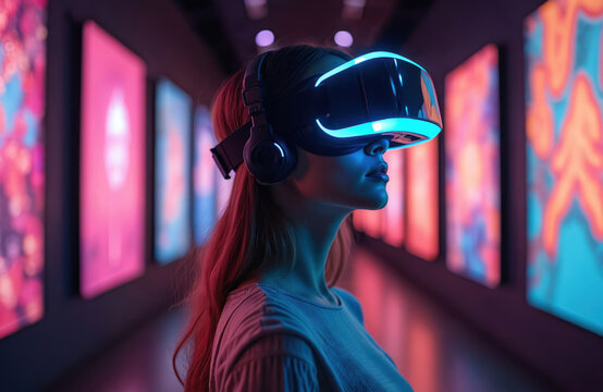 Woman wears VR headset in digital art gallery. Exploring virtual reality experience with glowing goggles. Future tech and metaverse art exhibition. Immersive entertainment.