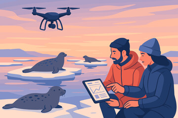 Researchers monitoring seals on ice using drone and tablet