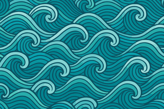 Seamless stylized ocean wave pattern in blue tones