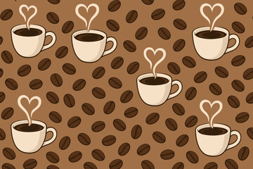 Fototapeta premium Seamless coffee cup and bean pattern with heart-shaped steam