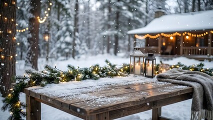 Rustic wood table with snowy winter background, soft falling snow, Christmas lights glowing, cinematic depth, premium stock style