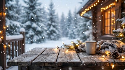Rustic wood table with snowy winter background, soft falling snow, Christmas lights glowing, cinematic depth, premium stock style