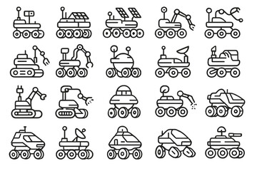 Futuristic Rover Icons Set: Exploration Robots, Space Vehicles & Mars Rovers