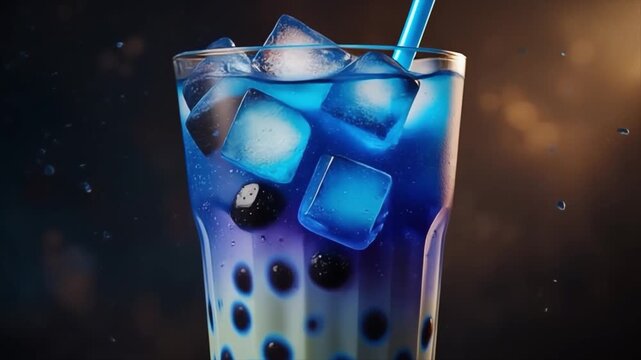 Close-up of a Blue Bubble Tea Drink with Ice Cubes and Tapioca Pearls boba beverage