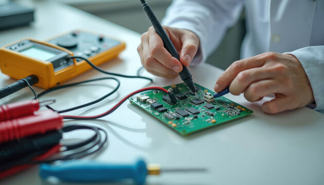 Man repairing electronic circuit board on white table. Technician uses soldering tool, multimeter to fix electronic device. Various wires, tools on table. Electronic component service, maintenance.