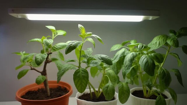 Growing plants under phyto lamps at home in winter season. LED lamp with full spectrum