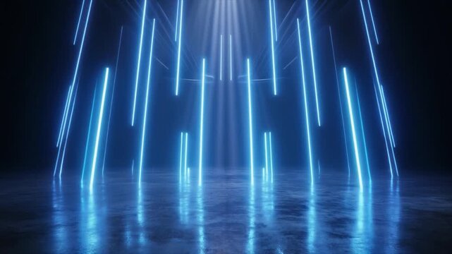Futuristic Blue Neon Light Pillars in a Dark, Reflective Hallway with Fog lines