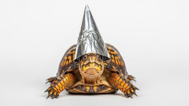 Turtle Wearing a Tinfoil Hat on White Background