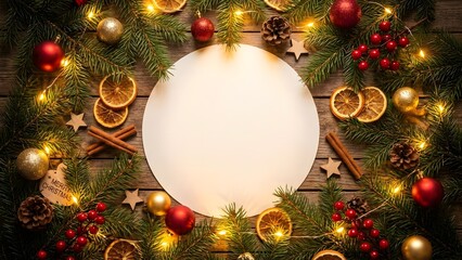 Top-down Christmas composition, pine leaves and ornaments around edges, bright center copy area, cinematic lighting, holiday theme
