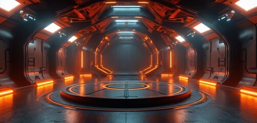 Fototapeta premium Futuristic empty spaceship corridor with podium stage. Orange, blue lights illuminate metal walls, floor. Sci fi tunnel interior with geometric shapes, glowing accents. Modern space station hallway.