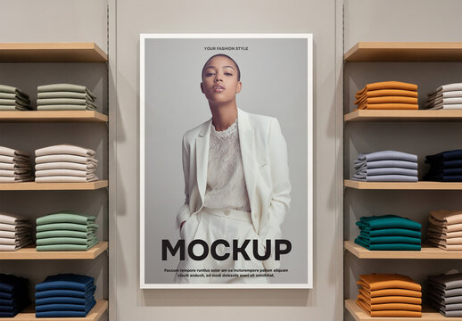 Wall poster mockup in a fashion store