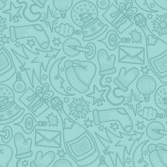 Christmas pattern, doodles, line art, light blue color. Seamless floral pattern-865.