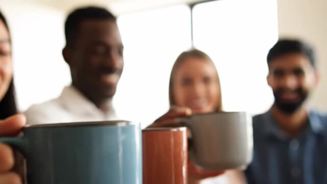 A business team makes a motivational toast with coffee mugs in a soft-focus office, symbolizing unity and a positive start to their workday or project