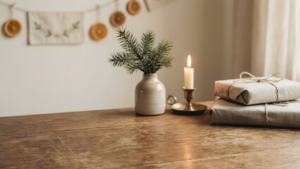 Vintage wooden table surface with minimalist Christmas scene behind, soft light, neutral background with gentle decorations, copy space layout