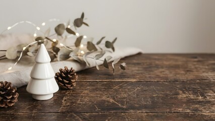 Vintage wooden table surface with minimalist Christmas scene behind, soft light, neutral background with gentle decorations, copy space layout