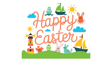 Fototapeta premium Easter holiday vector illustration with bunny, eggs, sailboat, and lighthouse, for greeting card or banner