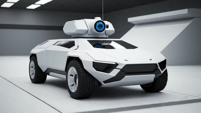 An autonomous armored vehicle with a blue optical lens patrols a modern landscape, its turret panning to scan for drone threats