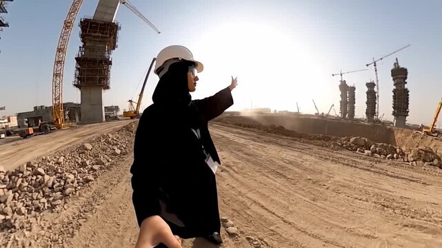 Female Saudi engineer directing work on a massive construction site
