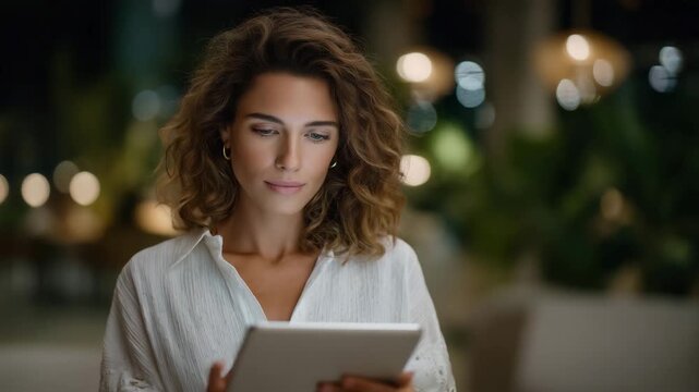 4k  tech-savvy woman sits in a modern café, using her tablet to make an online payment. Holographic icons for shopping, omni-channel retail, and mobile banking float around her, illu