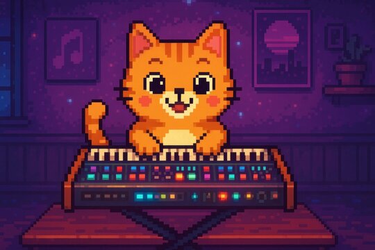 Pixel Art Cat Playing a Synthesizer