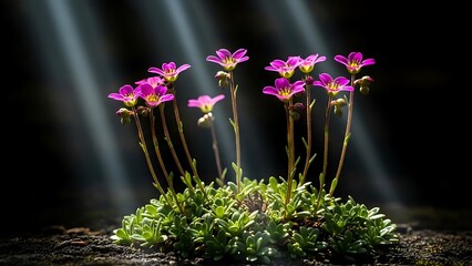 Delicate pink wildflowers illuminated by dramatic sunbeams against a dark background