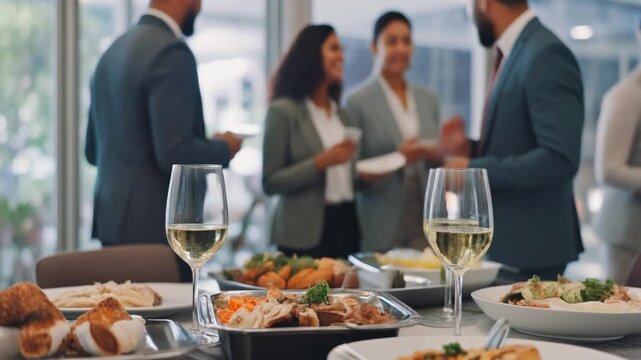 corporate networking event with buffet spread business professionals mingle interact over