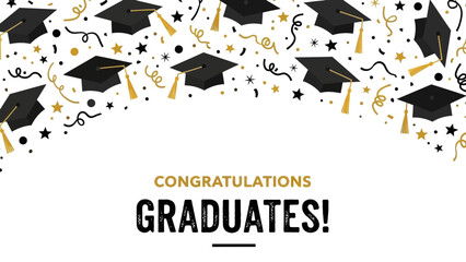 Academic graduation concept with flying caps and golden confetti. A festive vector background for university or high school commencement ceremonies