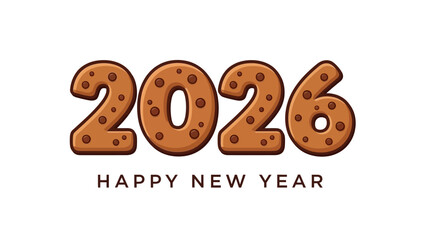 Happy New Year 2026 greeting card with cookie text font. Vector illustration of numbers shaped like chocolate chip biscuits