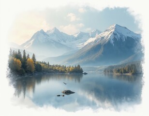 Obraz premium Snowy mountain peaks rise above a calm lake and evergreen forest. Autumn trees with yellow leaves accent the shoreline. A bird flies over calm water reflecting the landscape.