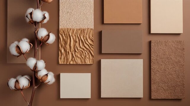 A warm, earthy-toned material board featuring natural textures, cotton flowers, and neutral .