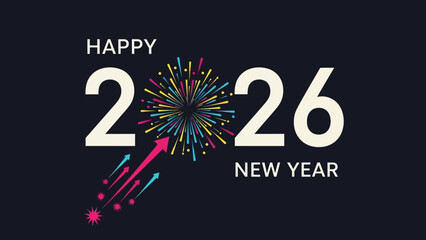 Happy New Year 2026 greeting card with colorful fireworks celebration on a dark background. Vector illustration banner for holiday design